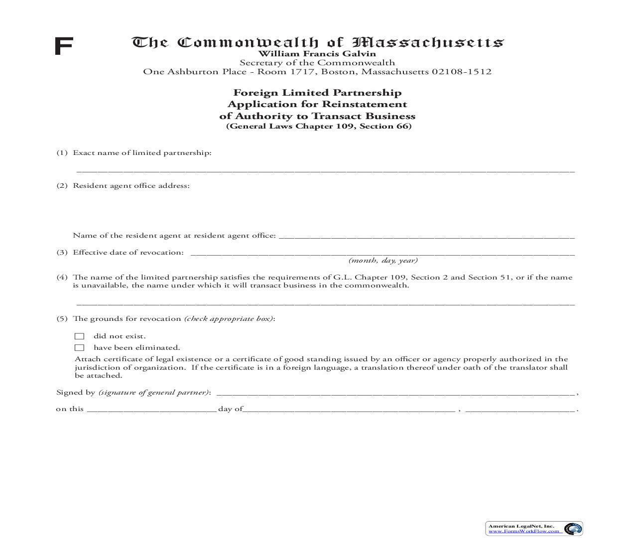 Foreign LP Application For Reinstatement Of Authority To Transact Business | Pdf Fpdf Doc Docx | Massachusetts