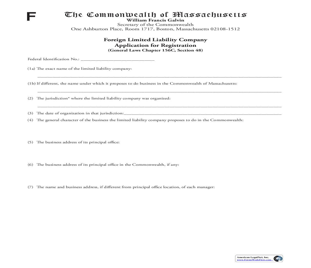 Foreign Limited Liability Company Application For Registration | Pdf Fpdf Doc Docx | Massachusetts