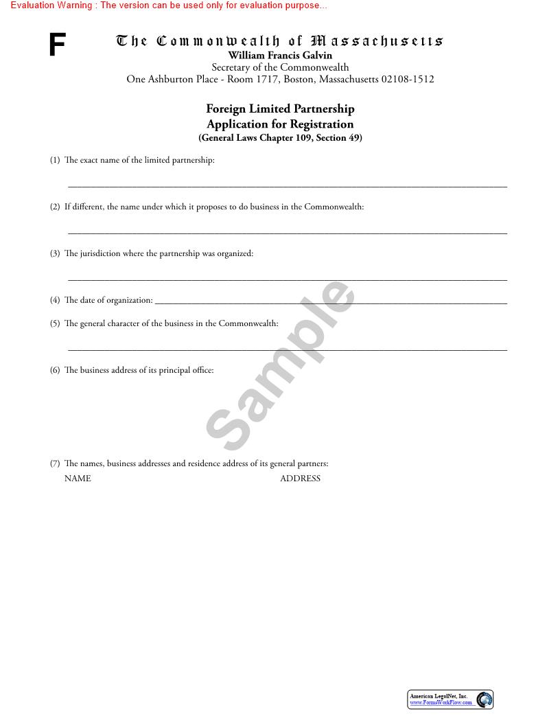 Foreign Limited Partnership Application For Registration | Pdf Fpdf Doc Docx | Massachusetts