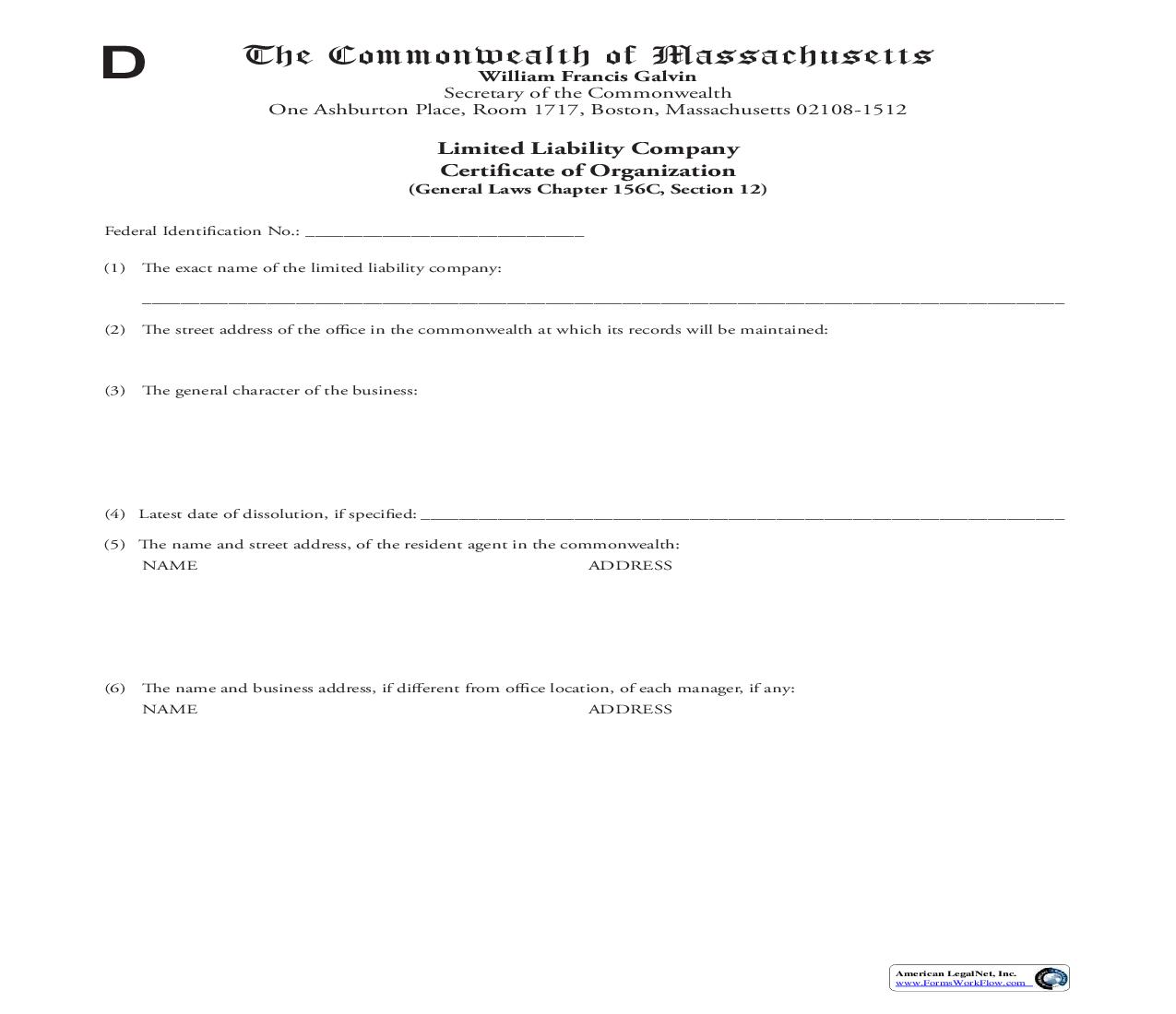 LLC Certificate Of Organization | Pdf Fpdf Doc Docx | Massachusetts