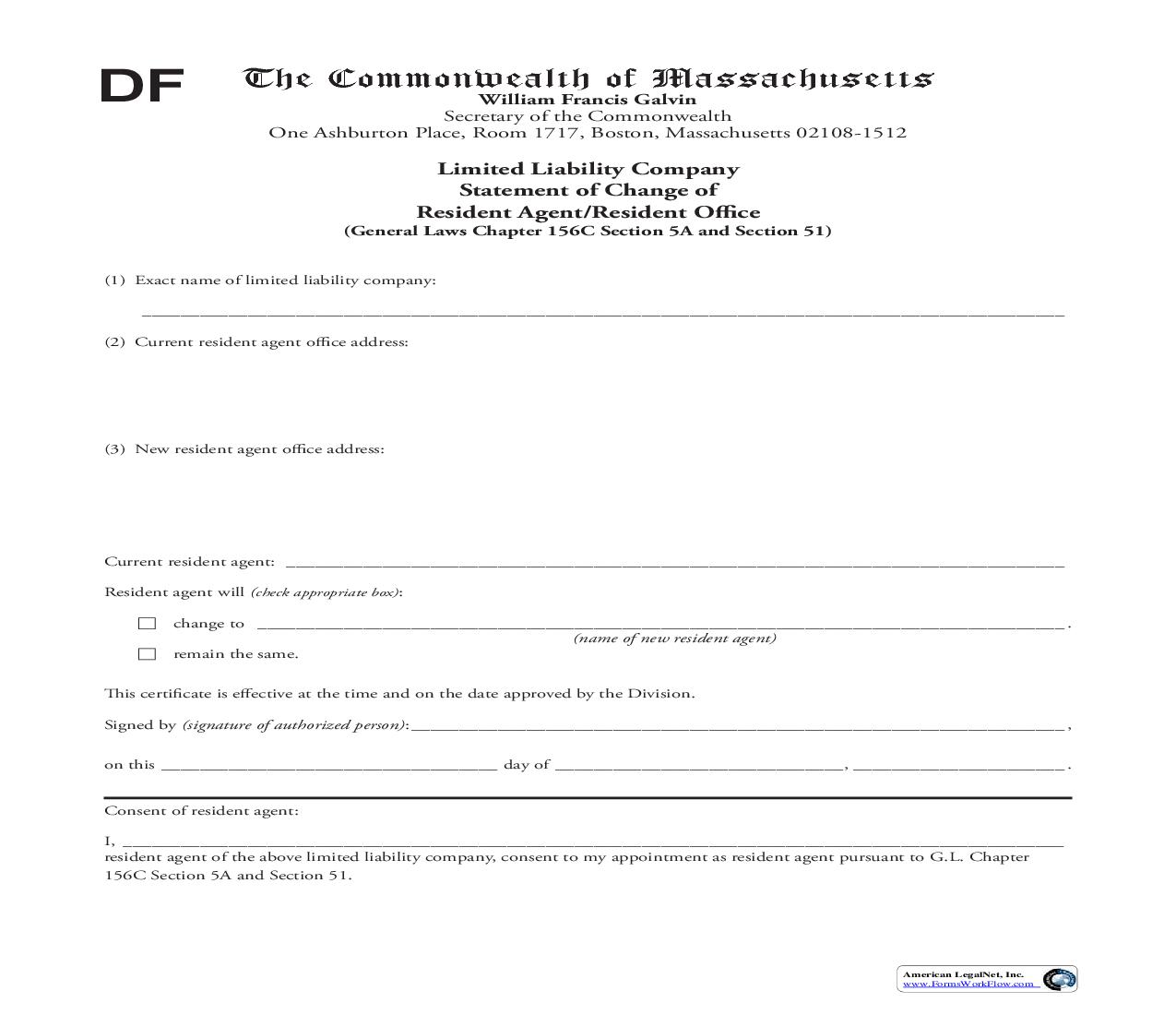 LLC Statement Of Change Of Resident Agent-Resident Office | Pdf Fpdf Doc Docx | Massachusetts
