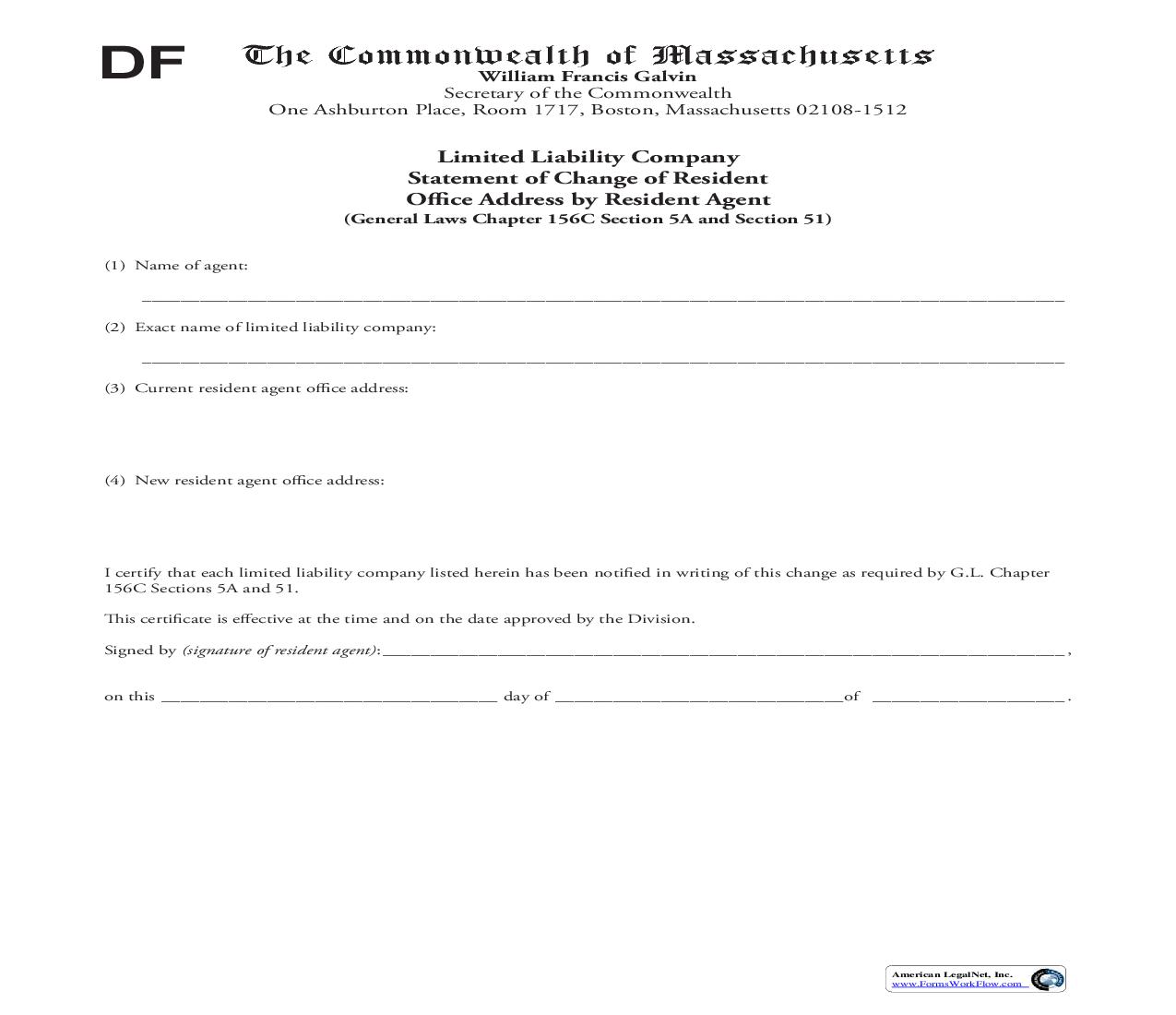 LLC Statement Of Change Of Resident Office Address By Resident Agent | Pdf Fpdf Doc Docx | Massachusetts