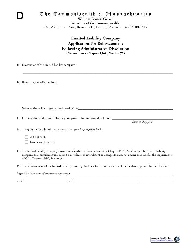 Limited Liability Company Application-Reinstatement Following Administrative Dissolution | Pdf Fpdf Docx | Massachusetts