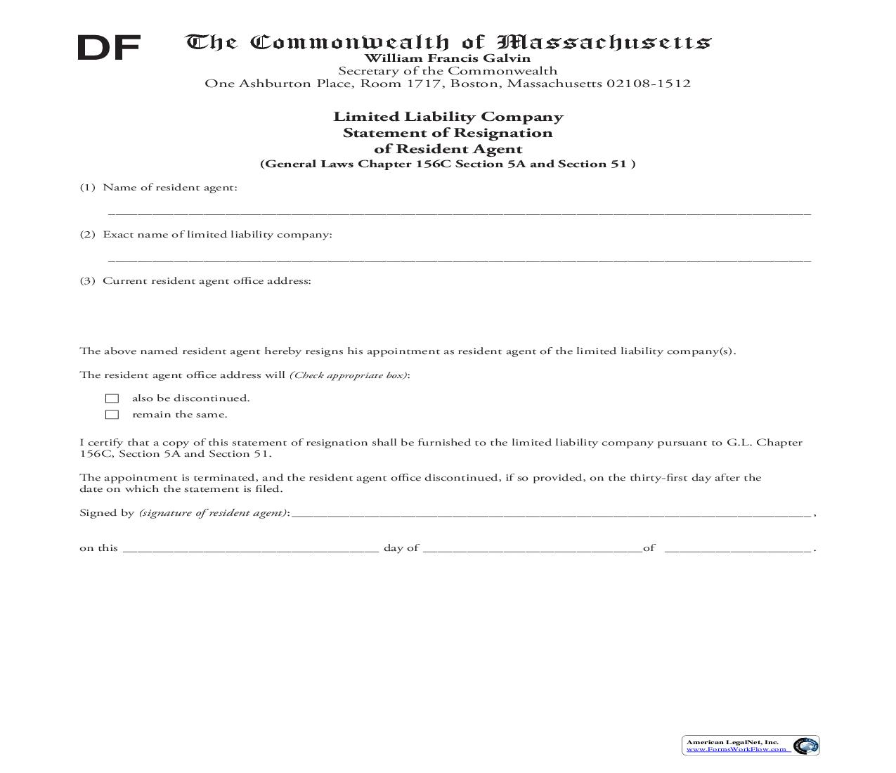 Limited Liability Company Statement Of Resignation Of Resident Agent | Pdf Fpdf Doc Docx | Massachusetts