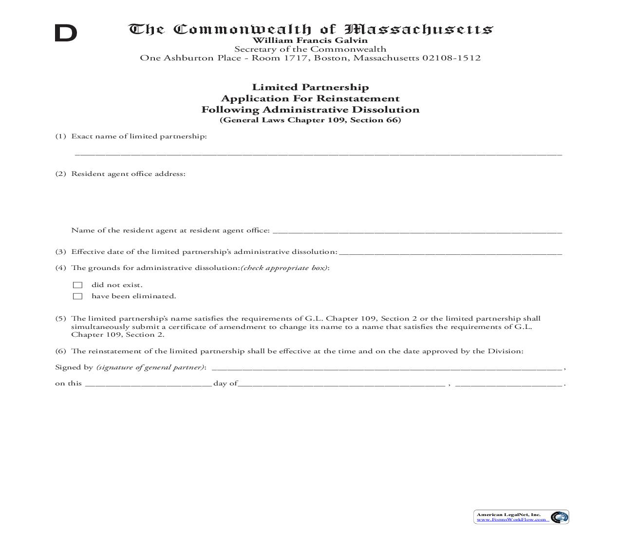 Limited Partnership Application For Reinstatement Following Administrative Dissolution | Pdf Fpdf Doc Docx | Massachusetts