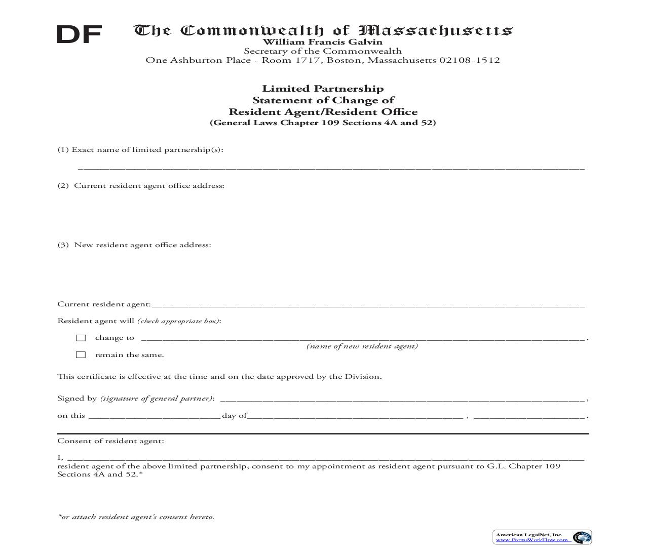 Limited Partnership Statement Of Change Of Resident Agent-Resident Office | Pdf Fpdf Doc Docx | Massachusetts
