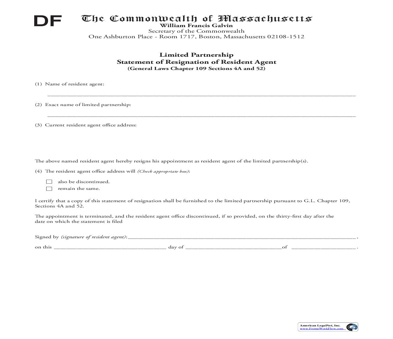 Limited Partnership Statement Of Resignation Of Resident Agent | Pdf Fpdf Doc Docx | Massachusetts