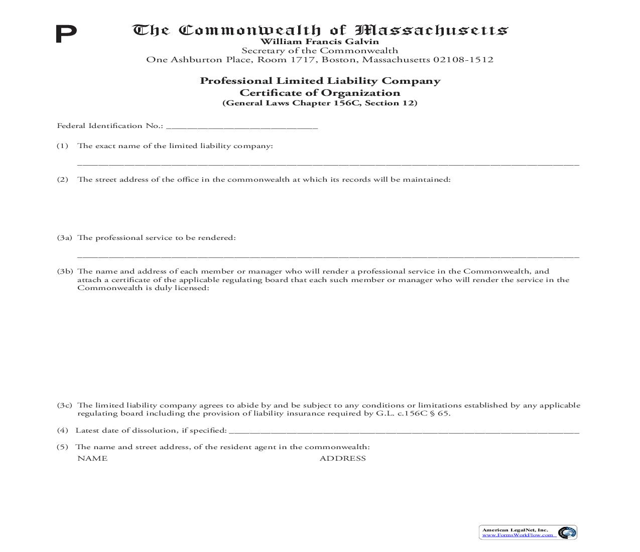 Professional Limited Liability Company Certificate Of Organization | Pdf Fpdf Doc Docx | Massachusetts