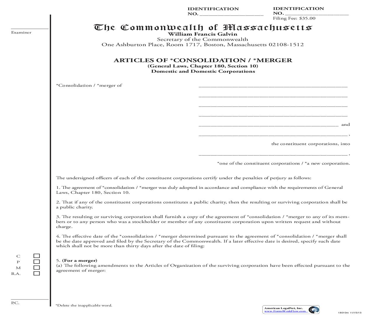 Articles Of Consolidation-Merger (Domestic And Domestic Corporations) | Pdf Fpdf Doc Docx | Massachusetts