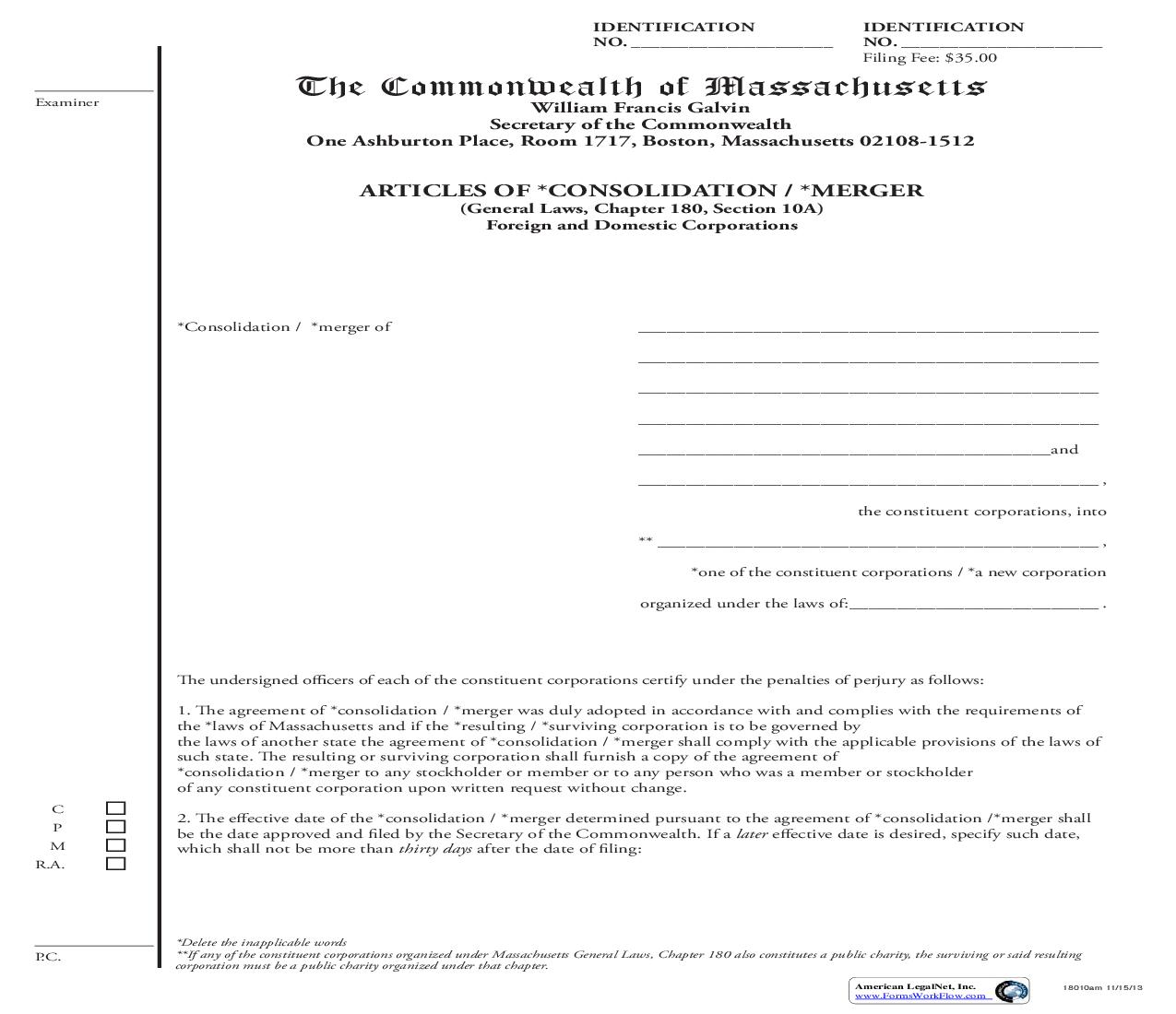 Articles Of Consolidation-Merger (Foreign And Domestic Corporations) | Pdf Fpdf Doc Docx | Massachusetts