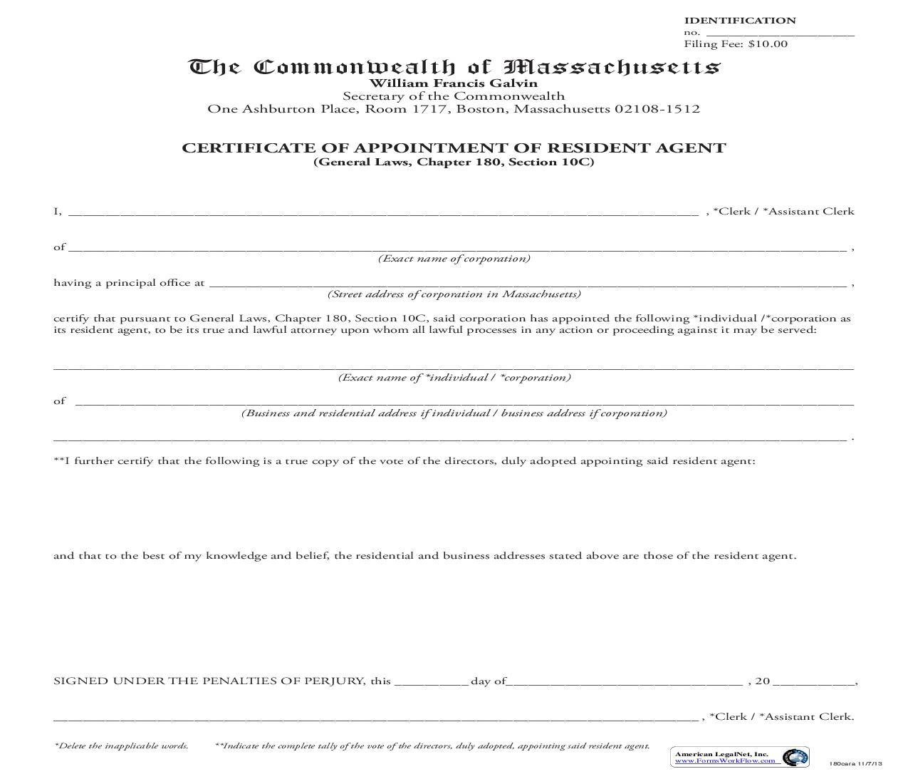 Certificate Of Appointment Of Resident Agent | Pdf Fpdf Doc Docx | Massachusetts