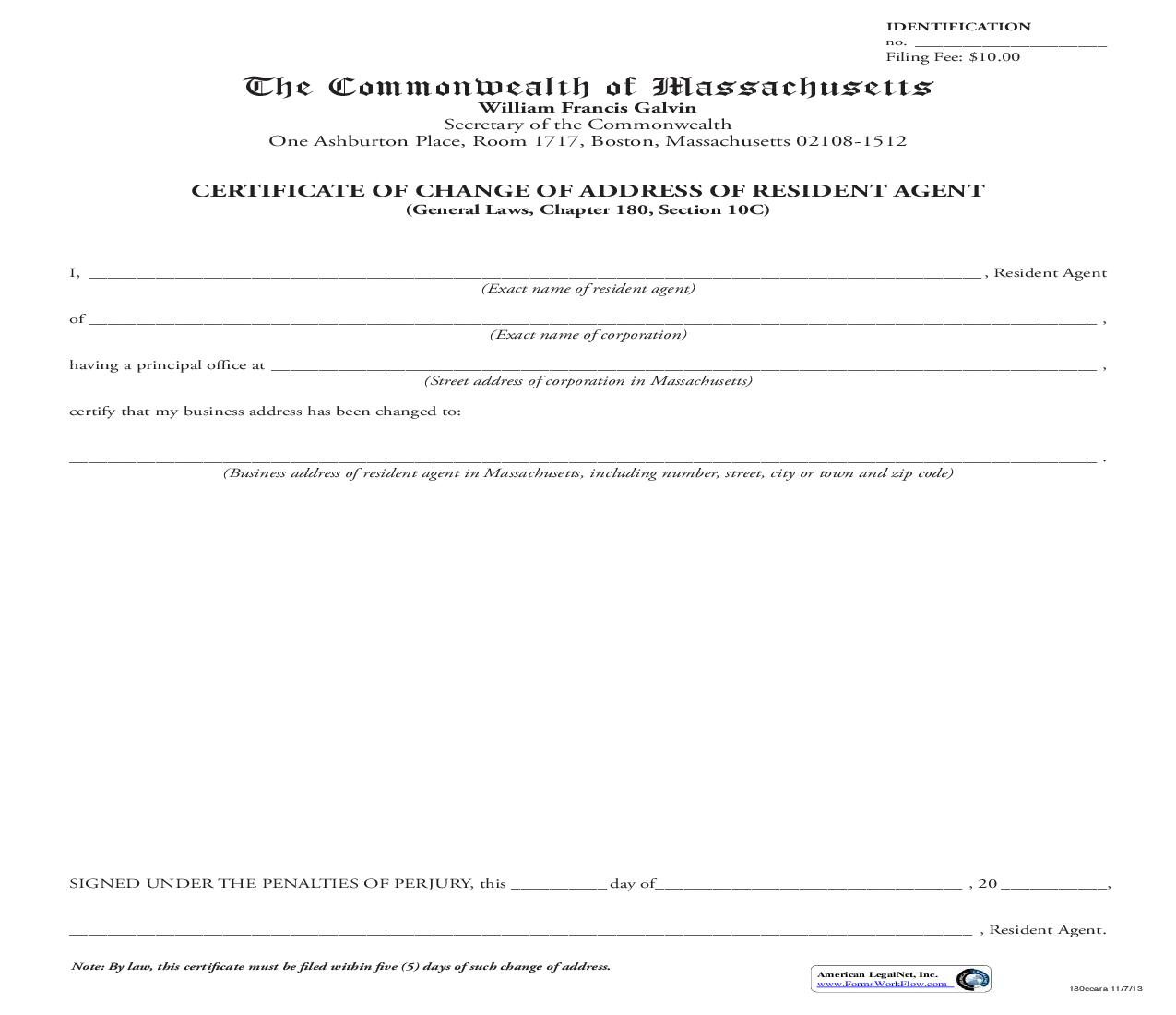 Certificate Of Change Of Address Of Resident Agent | Pdf Fpdf Doc Docx | Massachusetts