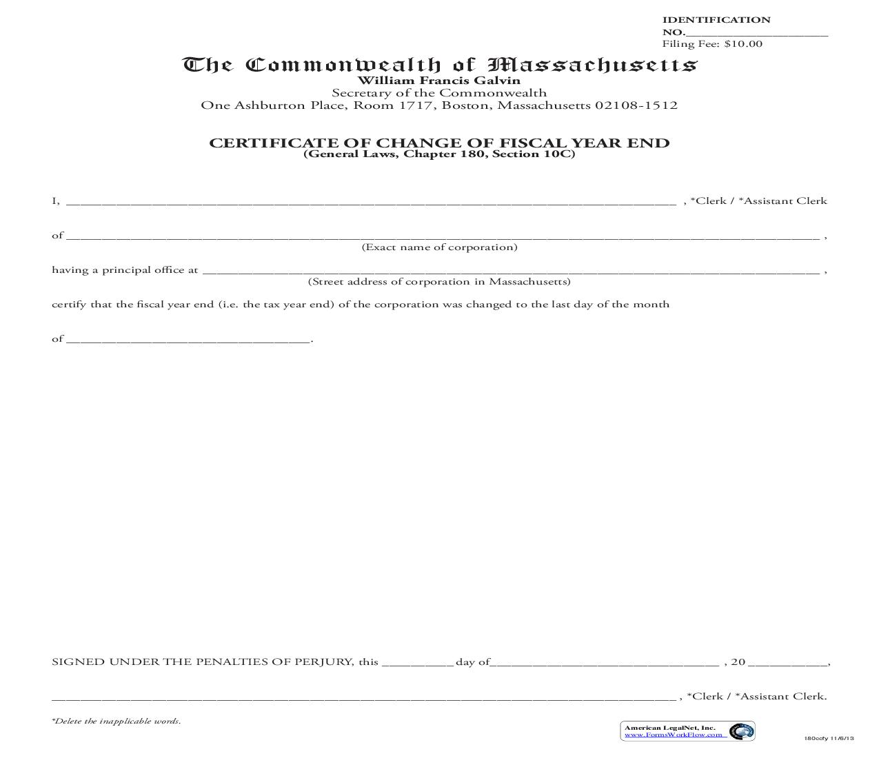 Certificate Of Change Of Fiscal Year End | Pdf Fpdf Doc Docx | Massachusetts
