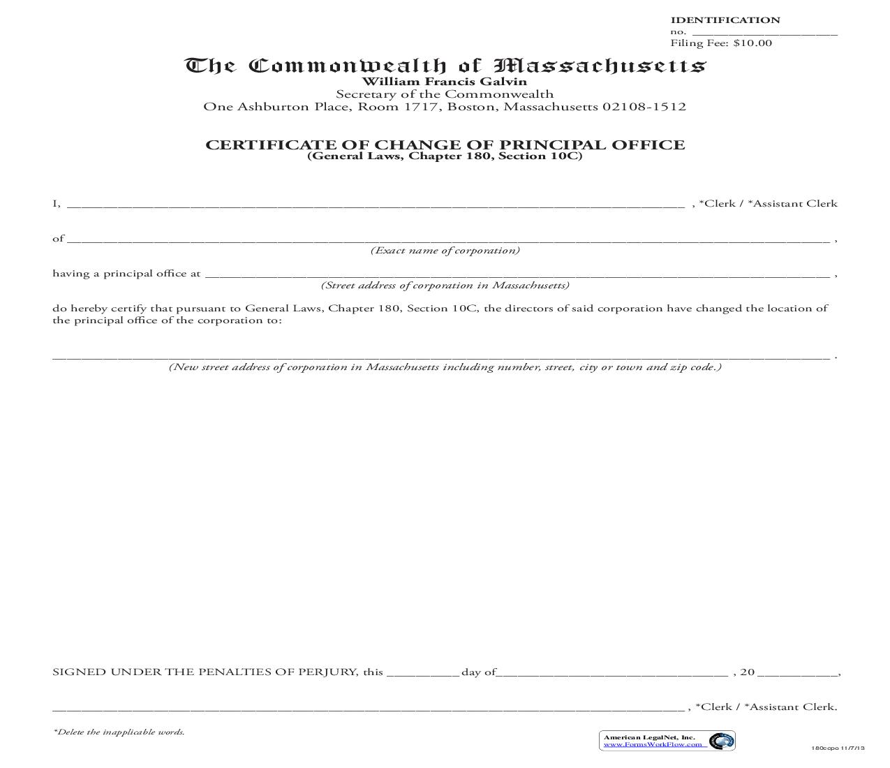 Certificate Of Change Of Principal Office | Pdf Fpdf Doc Docx | Massachusetts