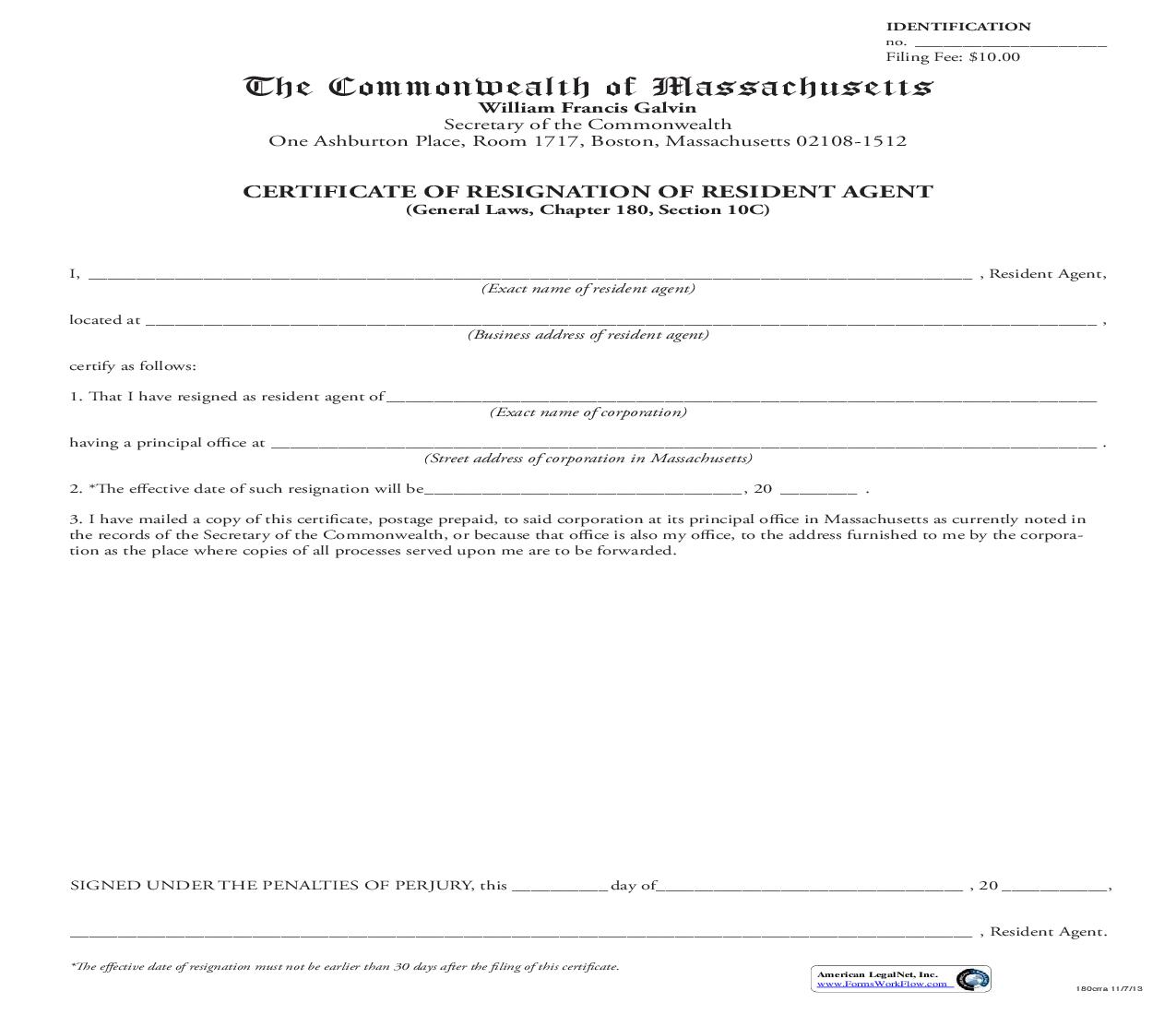 Certificate Of Resignation Of Resident Agent | Pdf Fpdf Doc Docx | Massachusetts