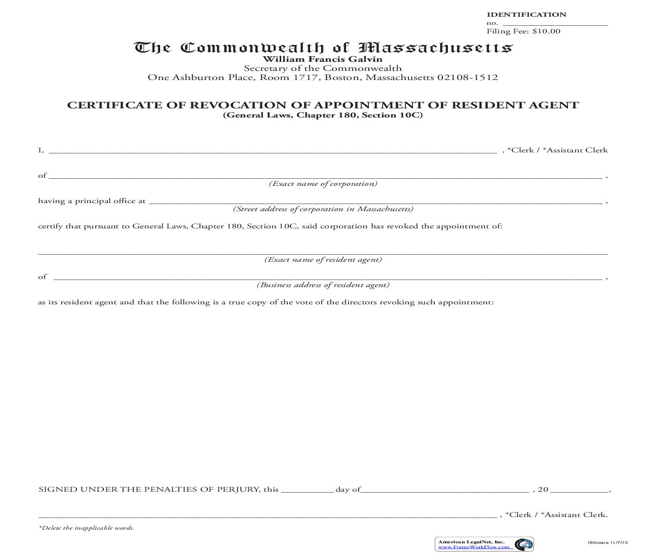 Certificate Of Revocation Of Appointment Of Resident Agent | Pdf Fpdf Doc Docx | Massachusetts