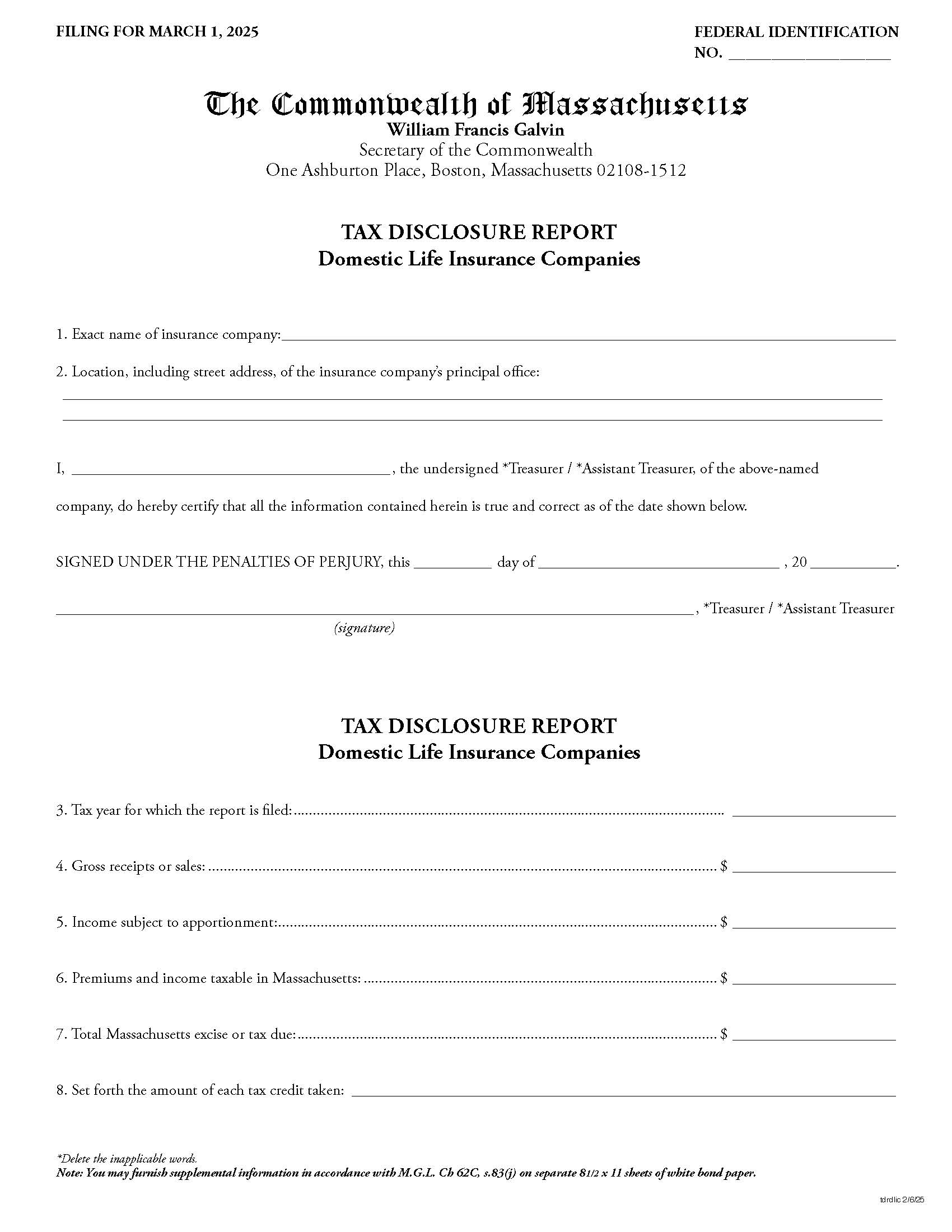 Tax Disclosure Report-Domesitic Life Insurance Companies | Pdf Fpdf Docx | Massachusetts
