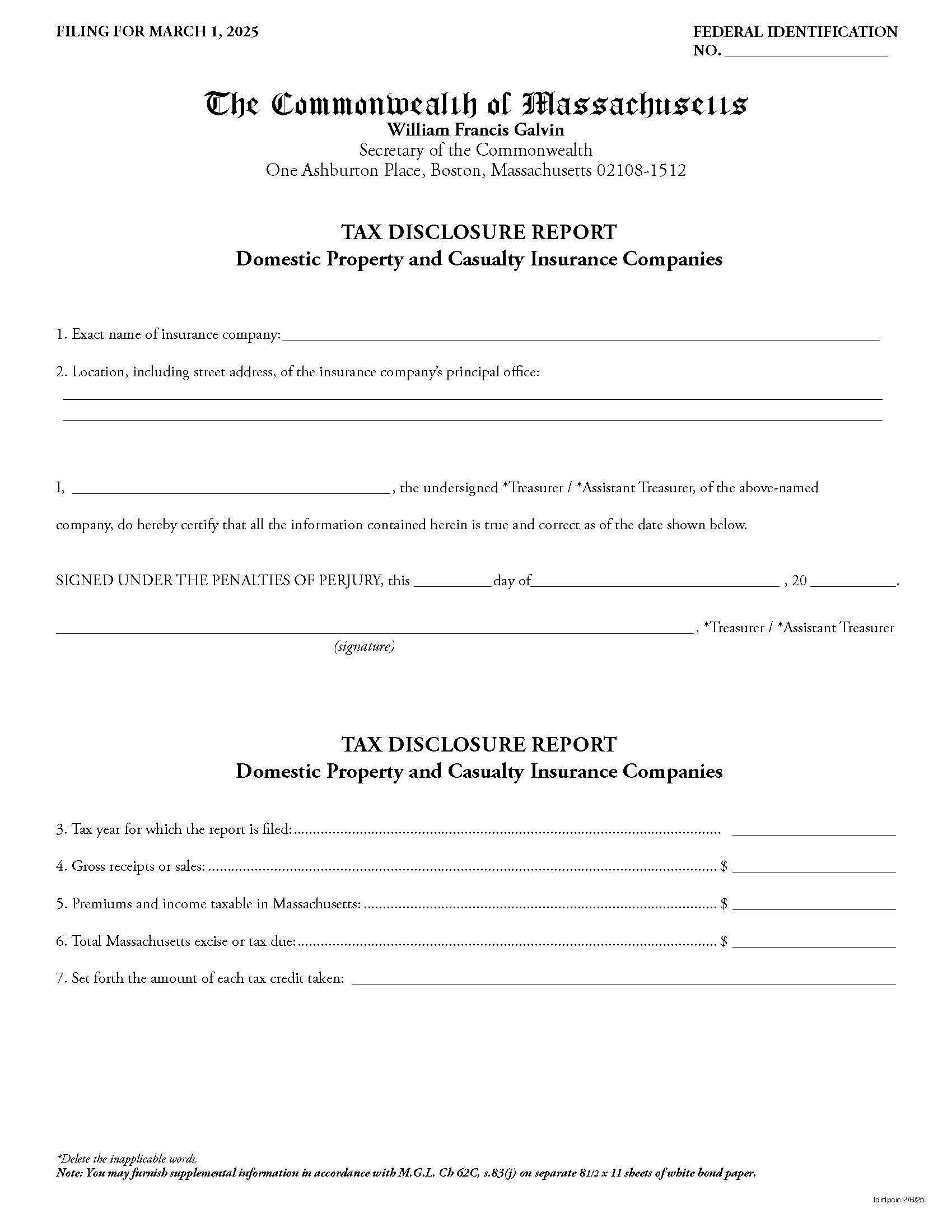 Tax Disclosure Report-Domestic Property And Casualty Insurance Companies | Pdf Fpdf Docx | Massachusetts