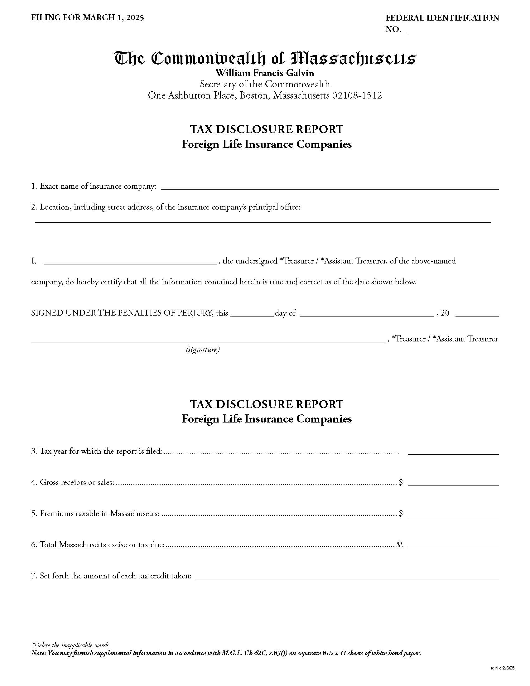 Tax Disclosure Report-Foreign Life Insurance Companies | Pdf Fpdf Docx | Massachusetts