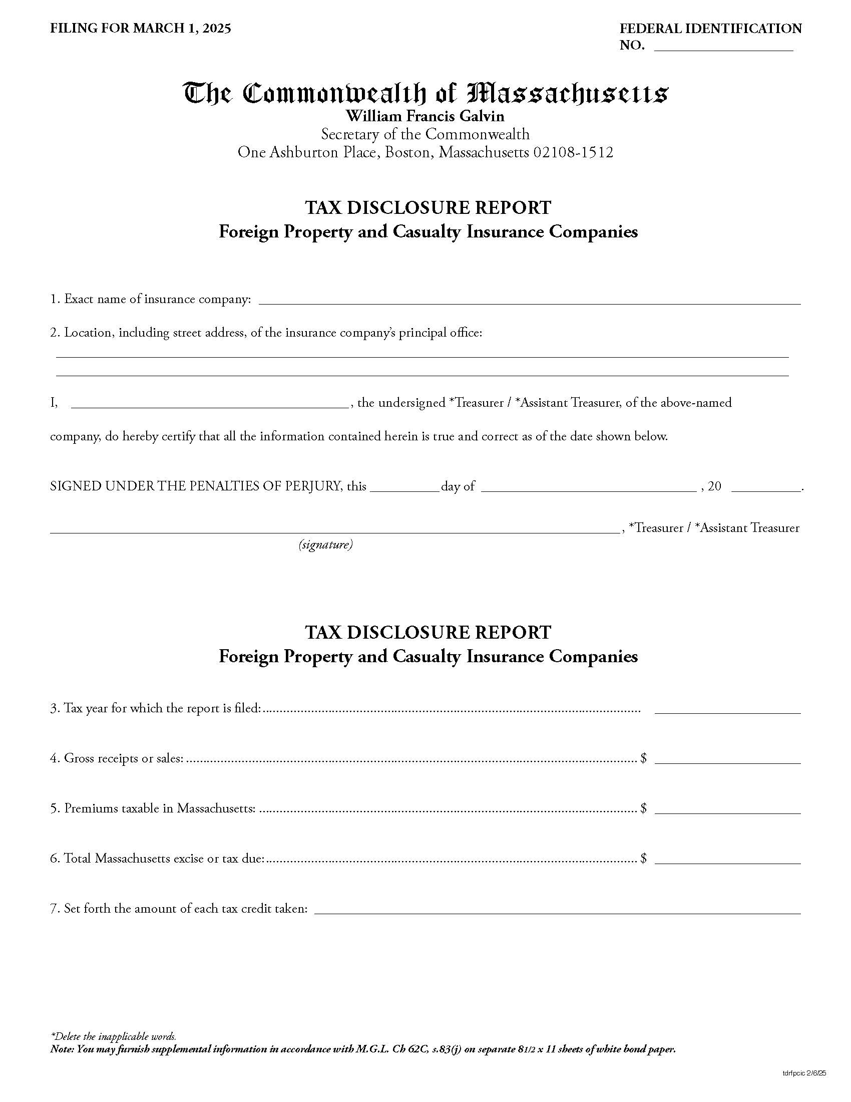 Tax Disclosure Report-Foreign Property And Casualty Insurance Companies | Pdf Fpdf Docx | Massachusetts