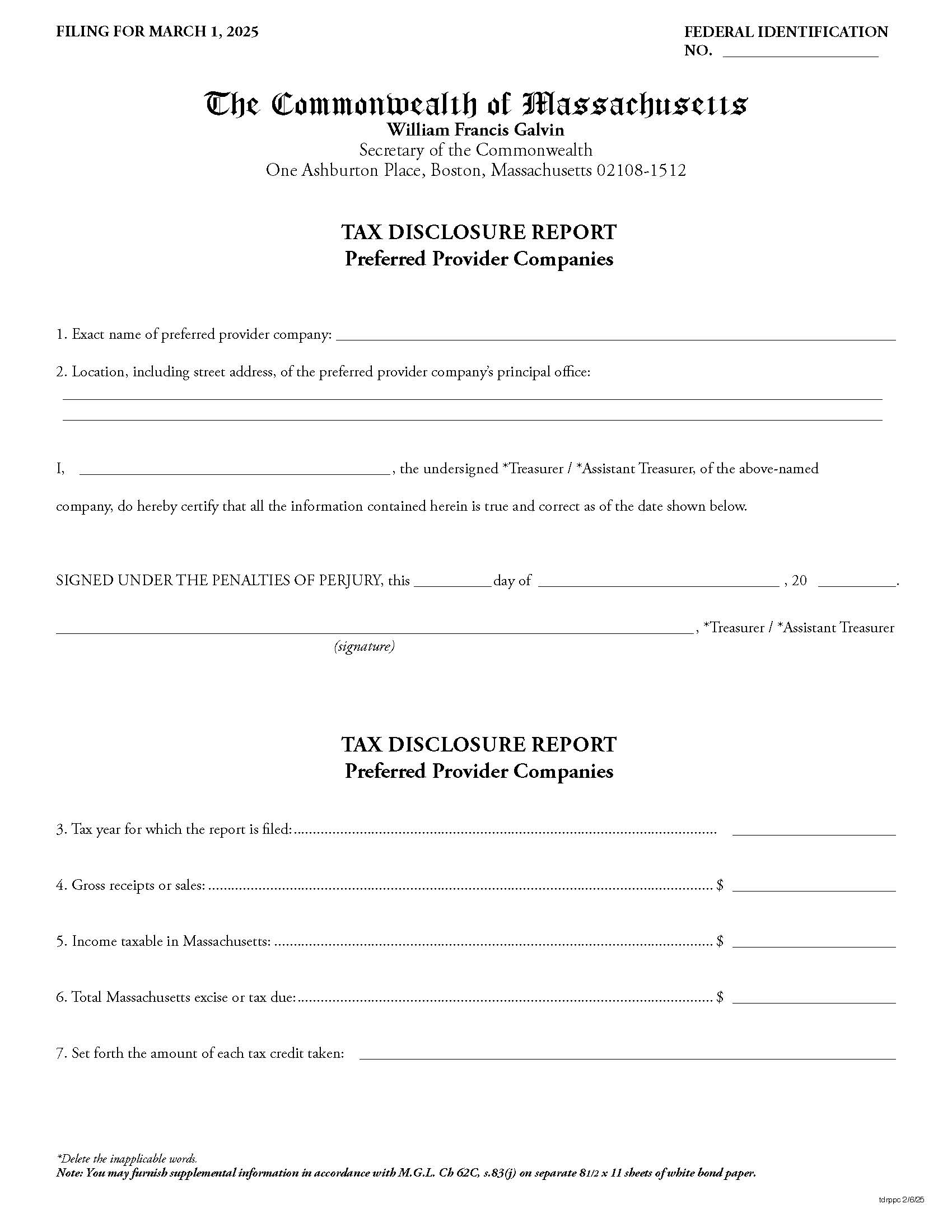 Tax Disclosure Report-Preferred Provider Companies | Pdf Fpdf Docx | Massachusetts