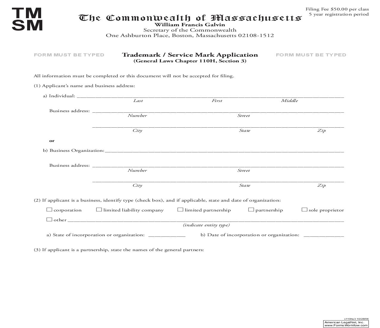 Trademark Or Service Mark Application | Pdf Fpdf Doc Docx | Massachusetts