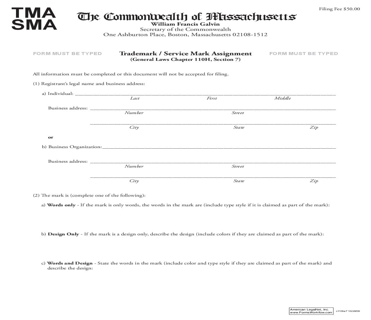 Trademark Or Service Mark Assignment | Pdf Fpdf Doc Docx | Massachusetts