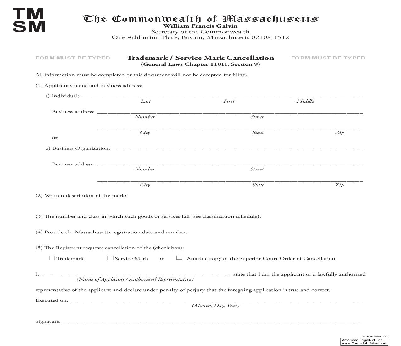 Trademark Or Service Mark Cancellation | Pdf Fpdf Doc Docx | Massachusetts