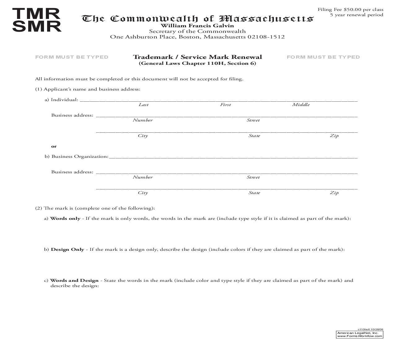 Trademark Or Service Mark Renewal | Pdf Fpdf Doc Docx | Massachusetts