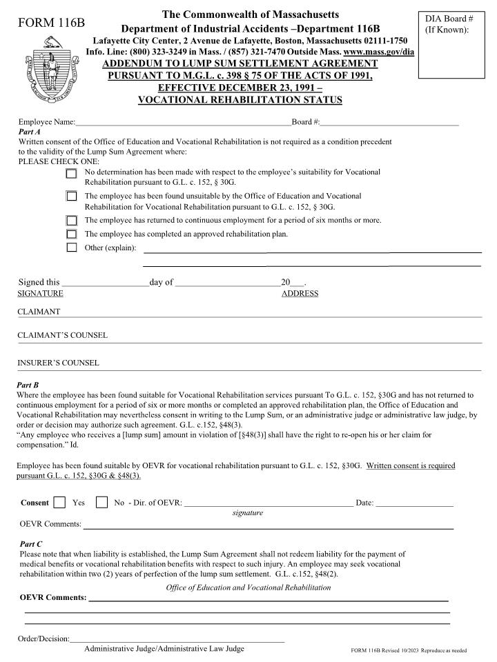 Addendum To Lump Sum Settlement Agreement {116B} | Pdf Fpdf Docx | Massachusetts