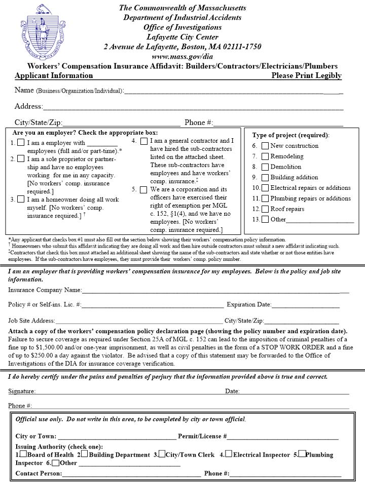 Affidavit (Builders-Contractors-Electricians-Plumbers) | Pdf Fpdf Doc Docx | Massachusetts