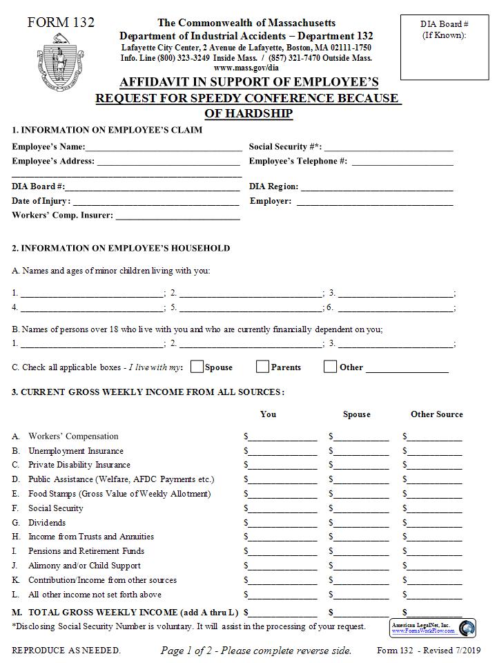 Affidavit In Support Of Employees Request For Speedy Conference Because Of Hardship {132} | Pdf Fpdf Docx | Massachusetts