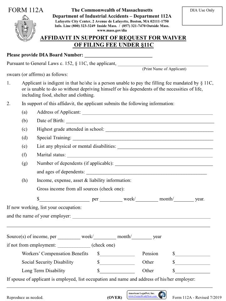 Affidavit In Support Of Request For Waiver In Filing Fee Under s11C {112A} | Pdf Fpdf Doc Docx | Massachusetts