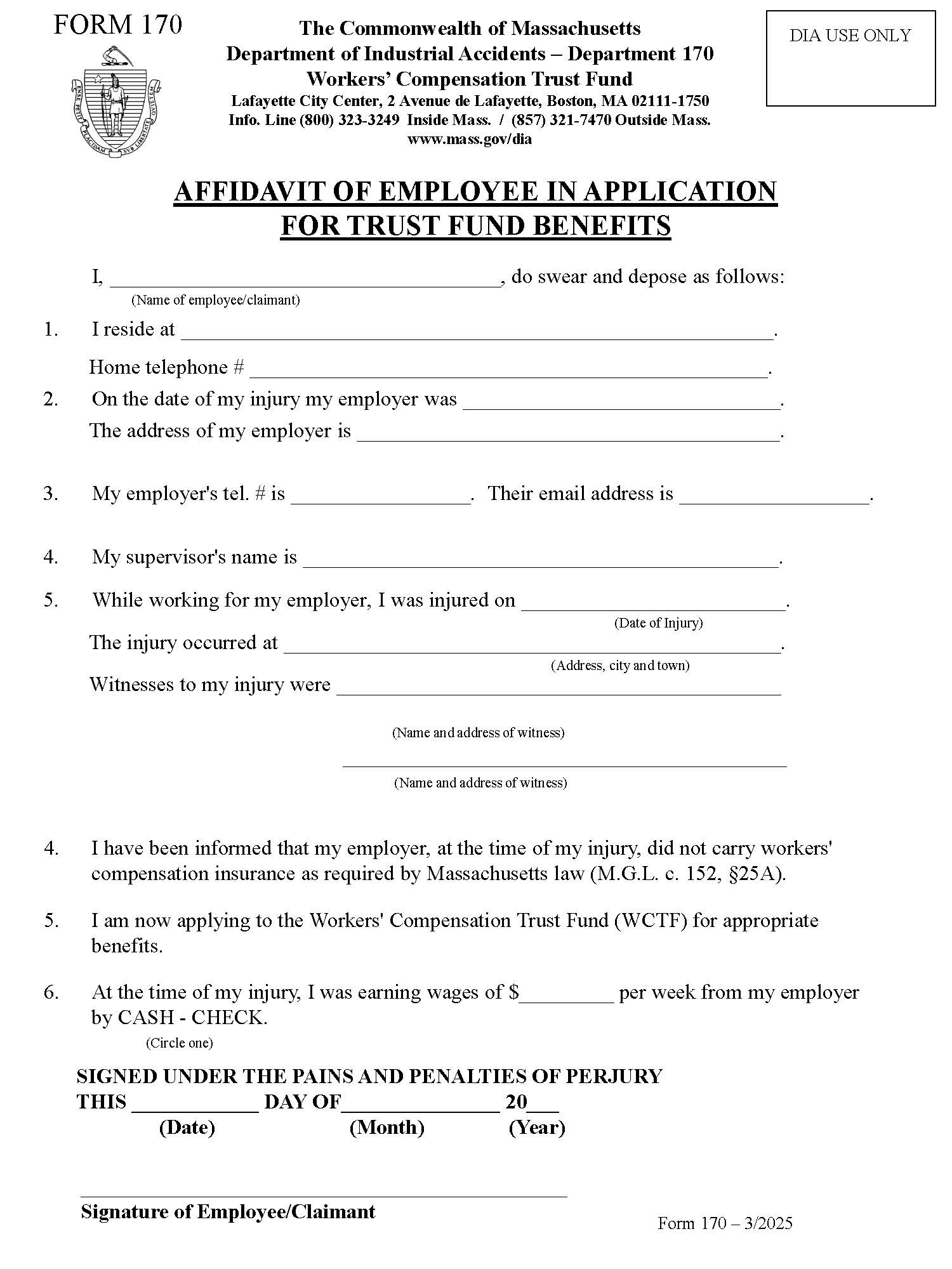 Affidavit Of Employee In Application For Trust Fund Benefits {170} | Pdf Fpdf Docx | Massachusetts