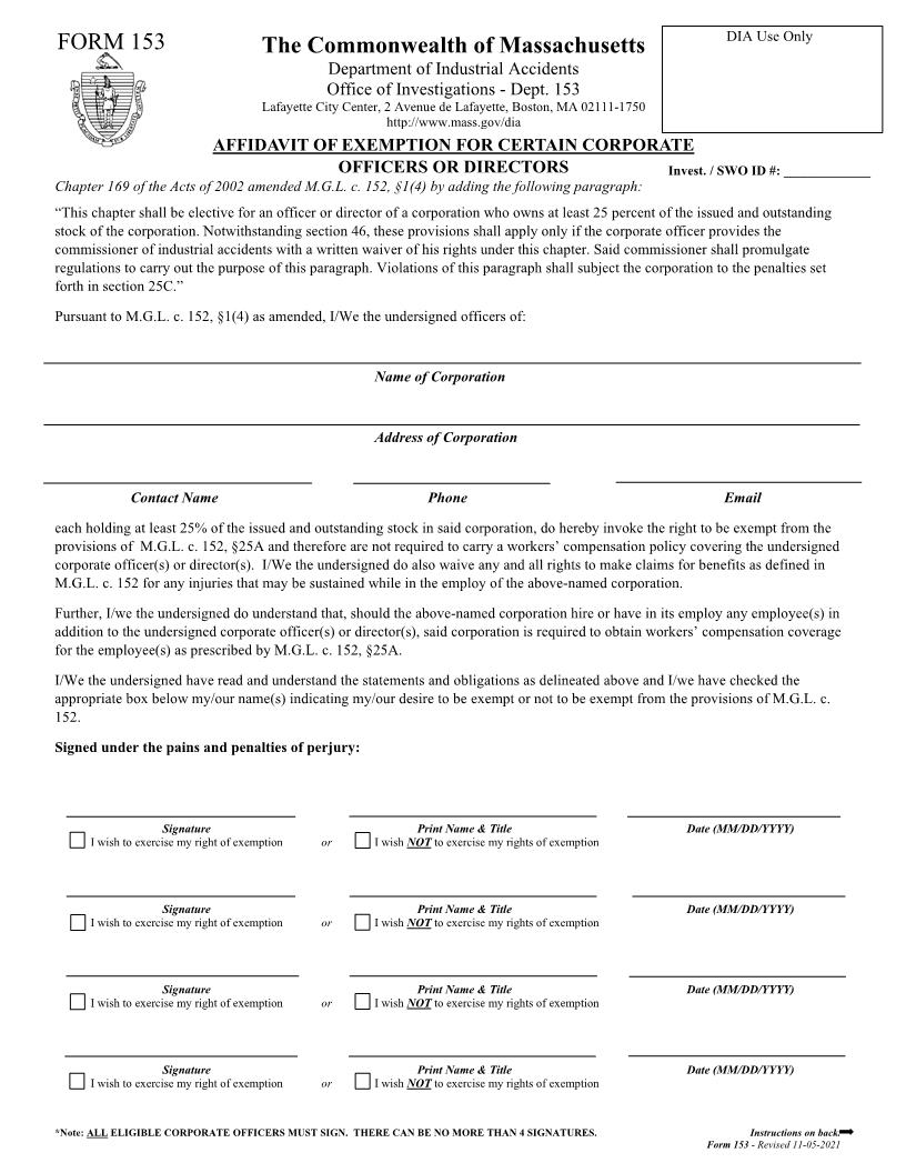 Affidavit Of Exemption For Certain Corporate Officers Or Directors {153} | Pdf Fpdf Docx | Massachusetts