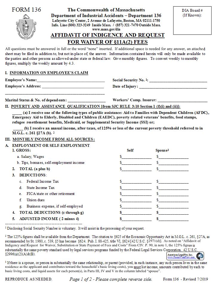 Affidavit Of Indigence And Request For Waiver Of Section 11A(2) Fees {136} | Pdf Fpdf Docx | Massachusetts