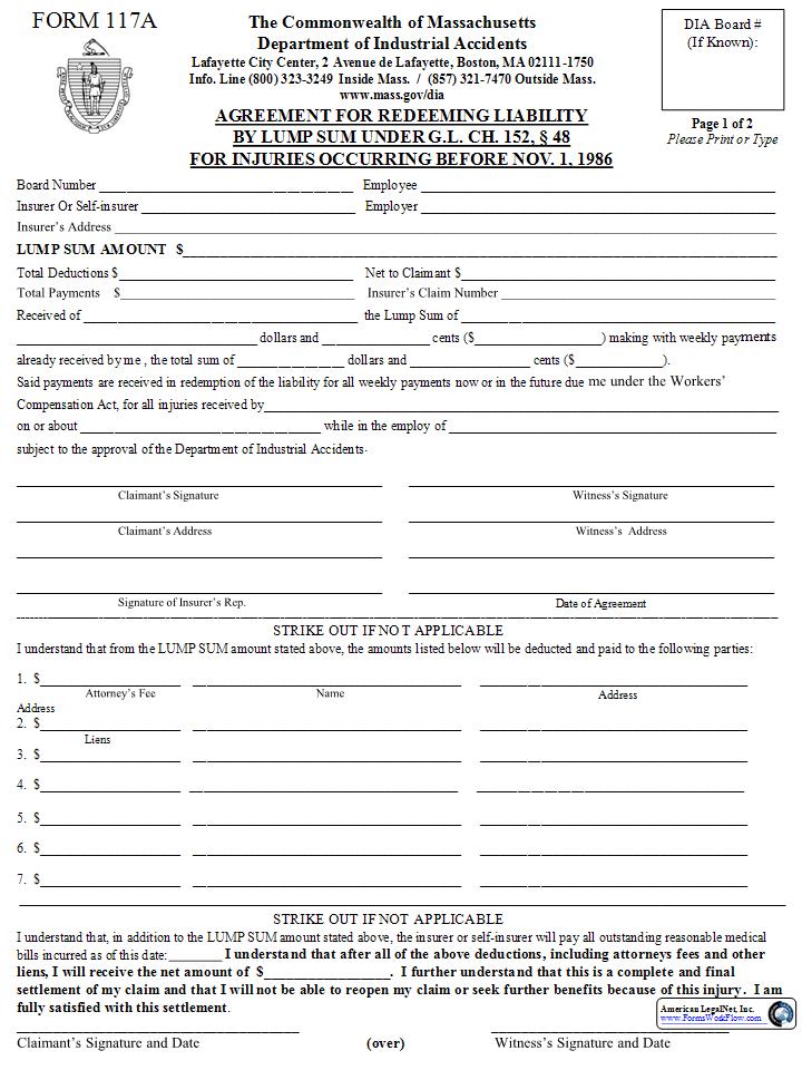 Agreement For Redeeming Liability By Lump Sum - For Injuries Before 11-1-86 {117A} | Pdf Fpdf Docx | Massachusetts