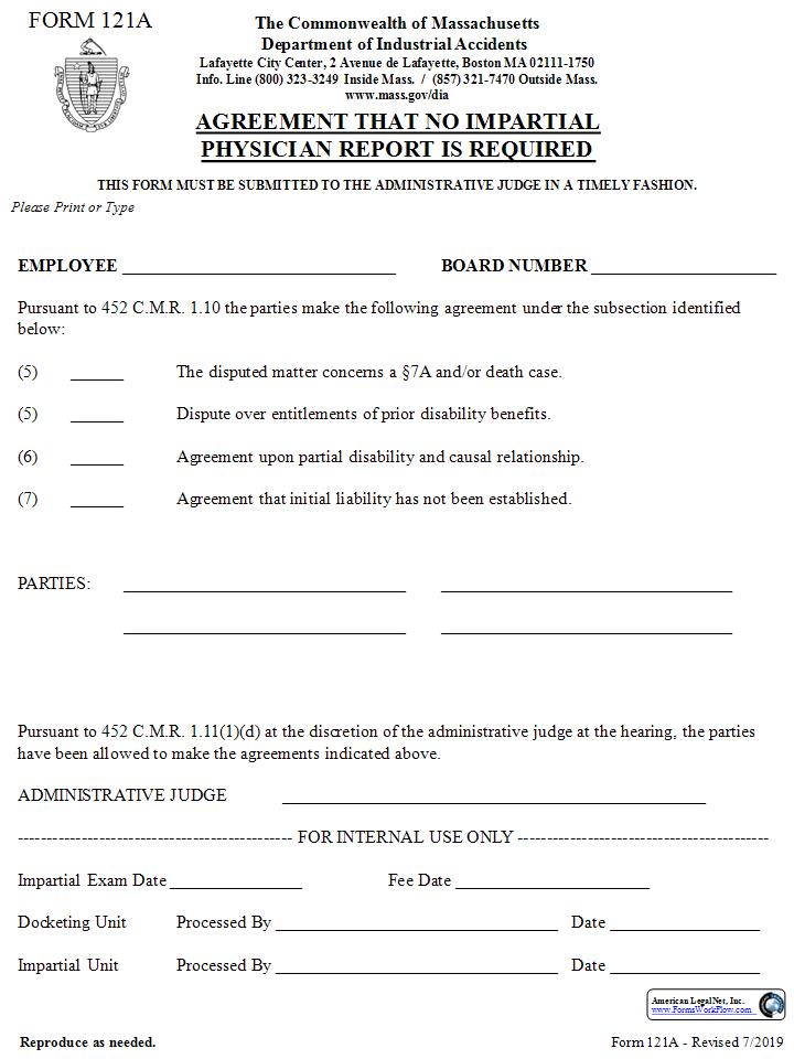 Agreement That No Impartial Physician Report Is Required {121A} | Pdf Fpdf Docx | Massachusetts