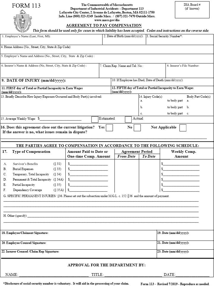 Agreement To Pay Compensation {113} | Pdf Fpdf Docx | Massachusetts