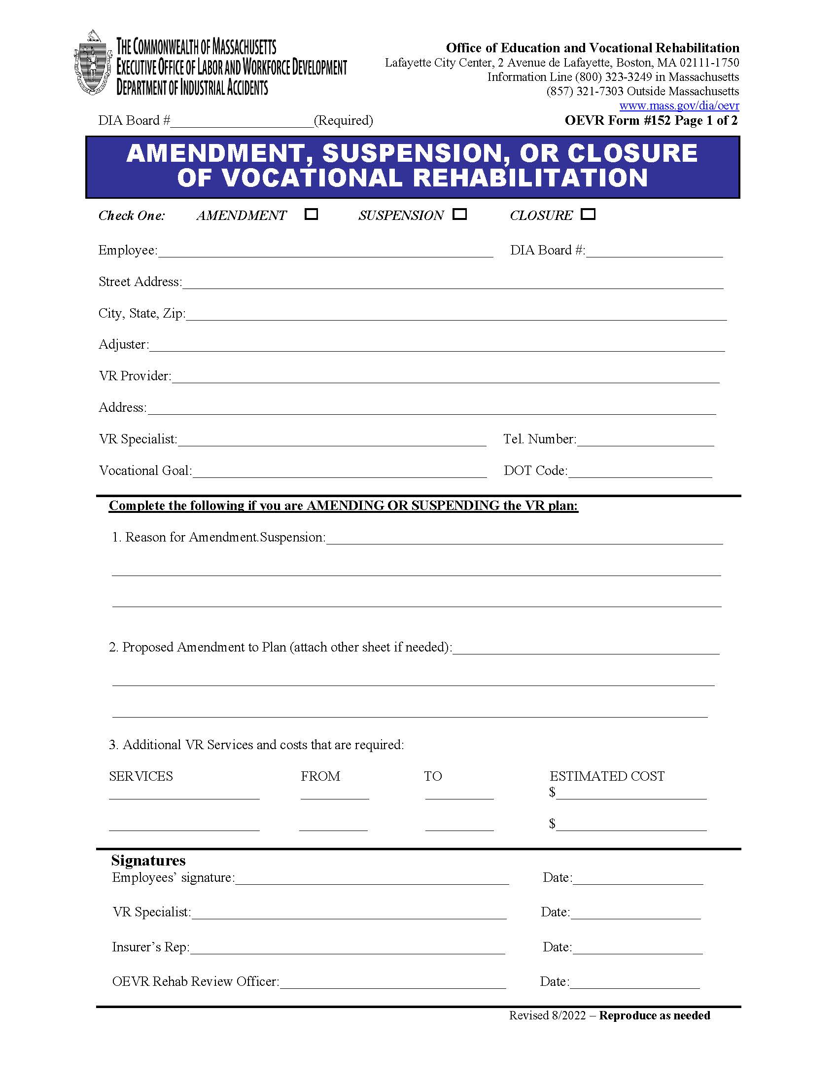 Amendment-Suspension-Closure Of Vocational Rehabilitation Plan {152} | Pdf Fpdf Docx | Massachusetts