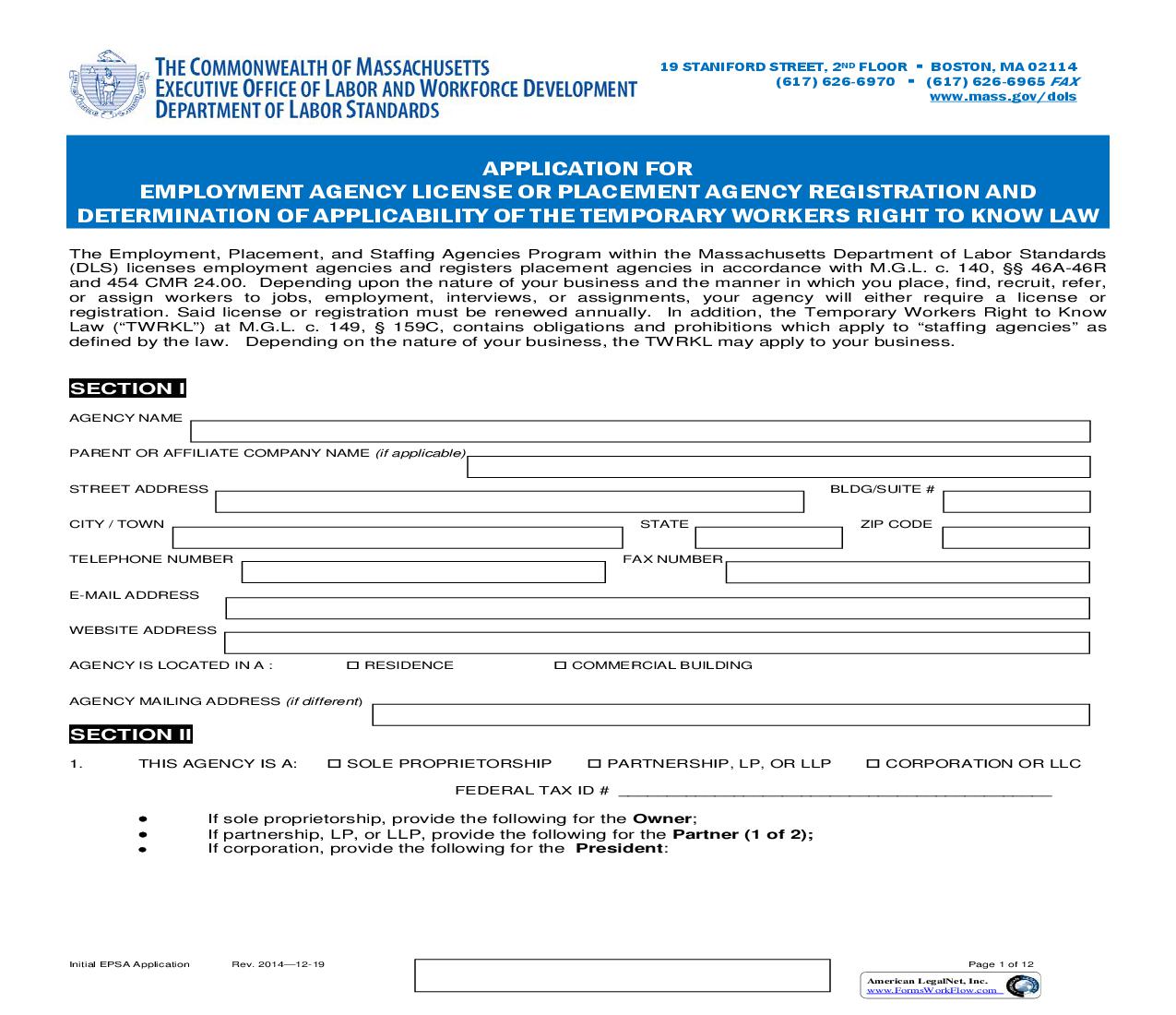 Application For Employment Agency License Or Placement Agency Registration | Pdf Fpdf Doc Docx | Massachusetts