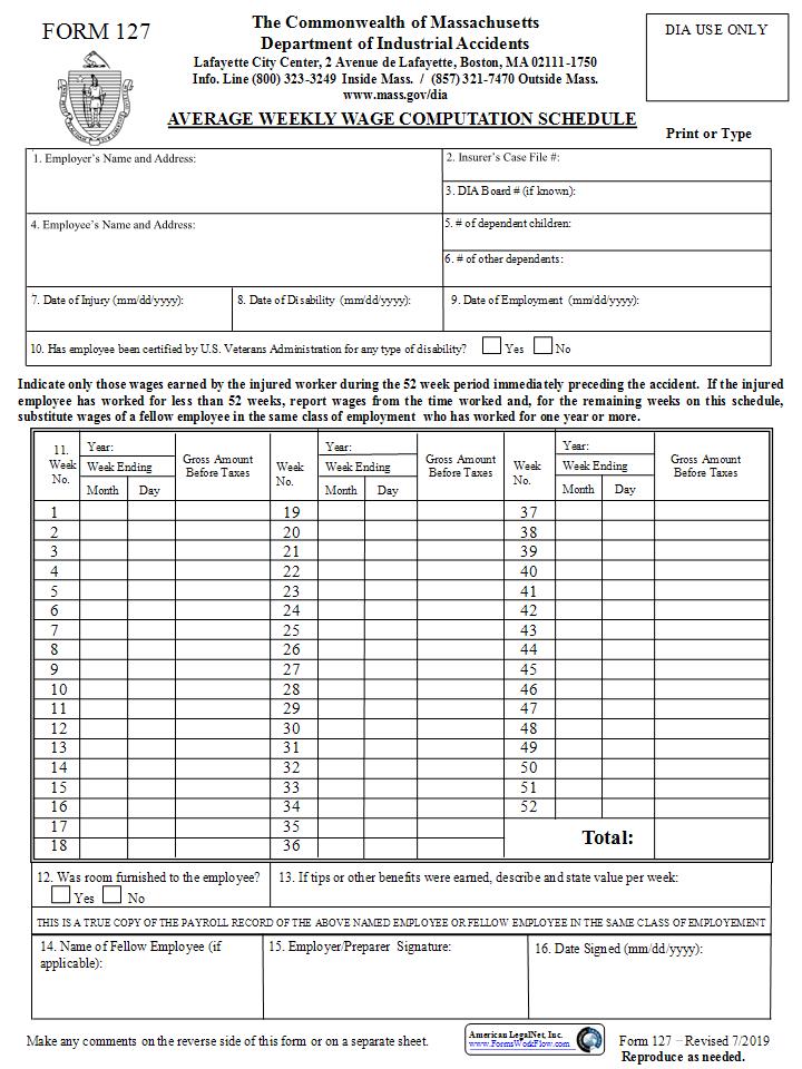 Average Weekly Wage Computation Schedule {127} | Pdf Fpdf Docx | Massachusetts