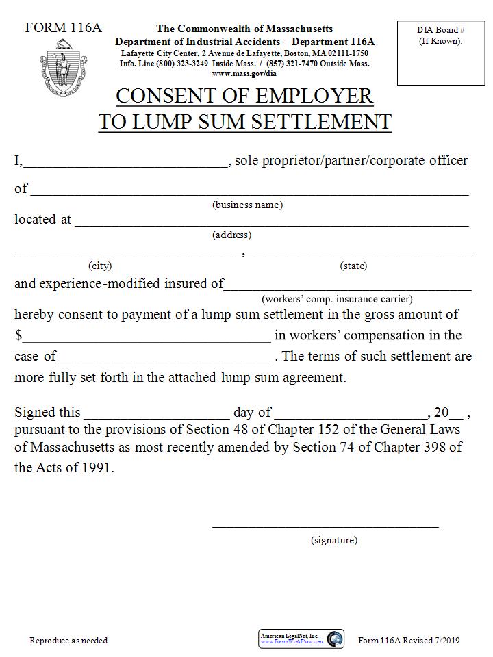 Consent Of Employer To Lump Sum Settlement {116A} | Pdf Fpdf Docx | Massachusetts