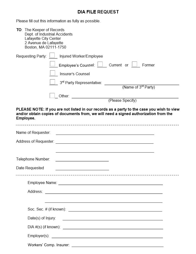 DIA File Request (Request To Keeper Of Records For File Information) | Pdf Fpdf Doc Docx | Massachusetts