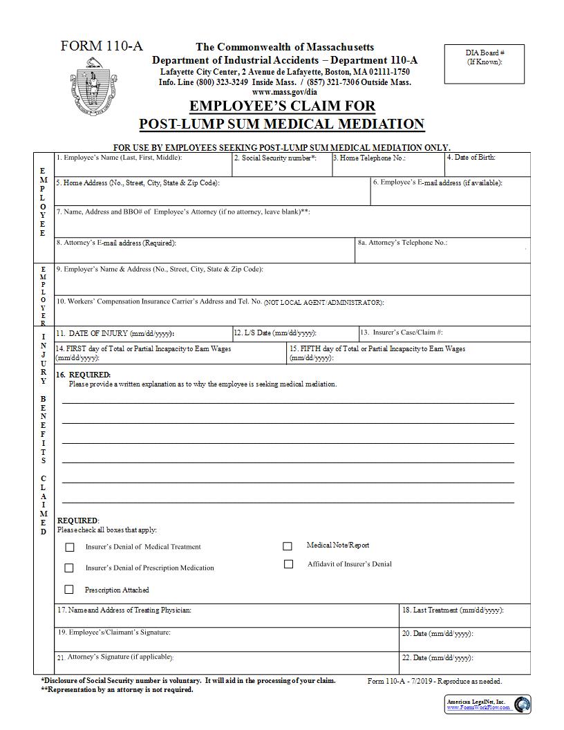 Employees Claim For Post-Lump Sum Medical Mediation {110A} | Pdf Fpdf Docx | Massachusetts