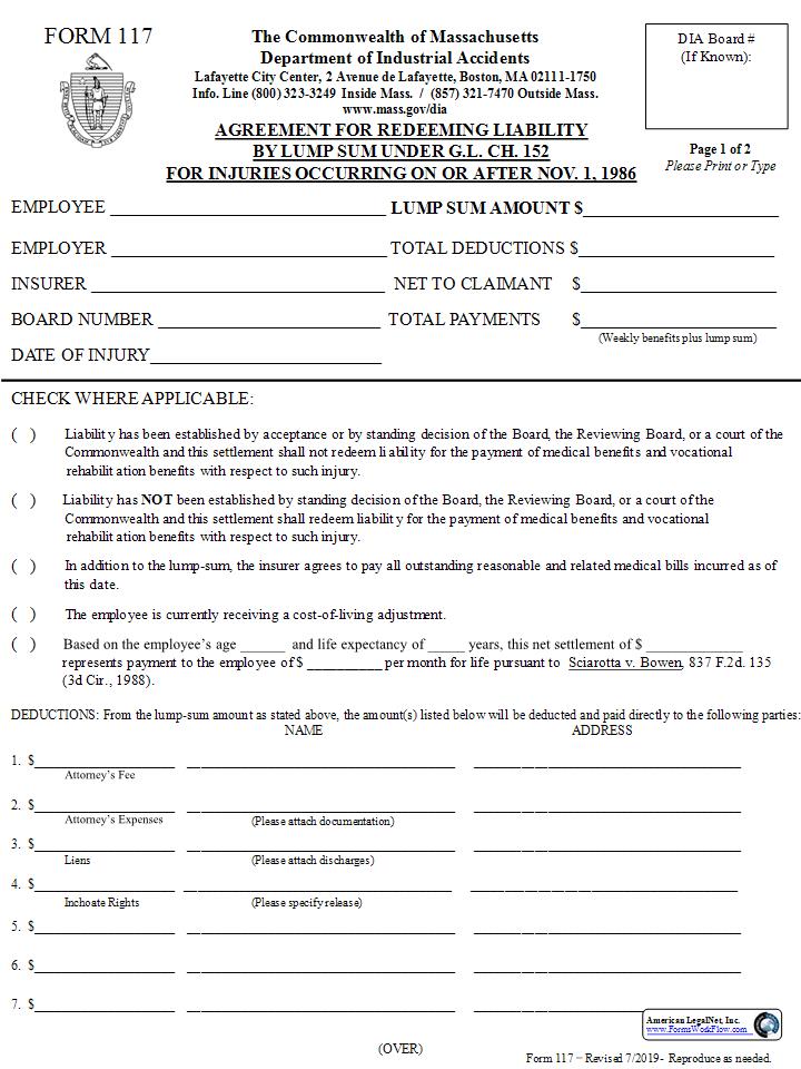 Form 117 Lump Sum Settlement Agreement For Injuries On or After 11-1-1986 {117} | Pdf Fpdf Docx | Massachusetts