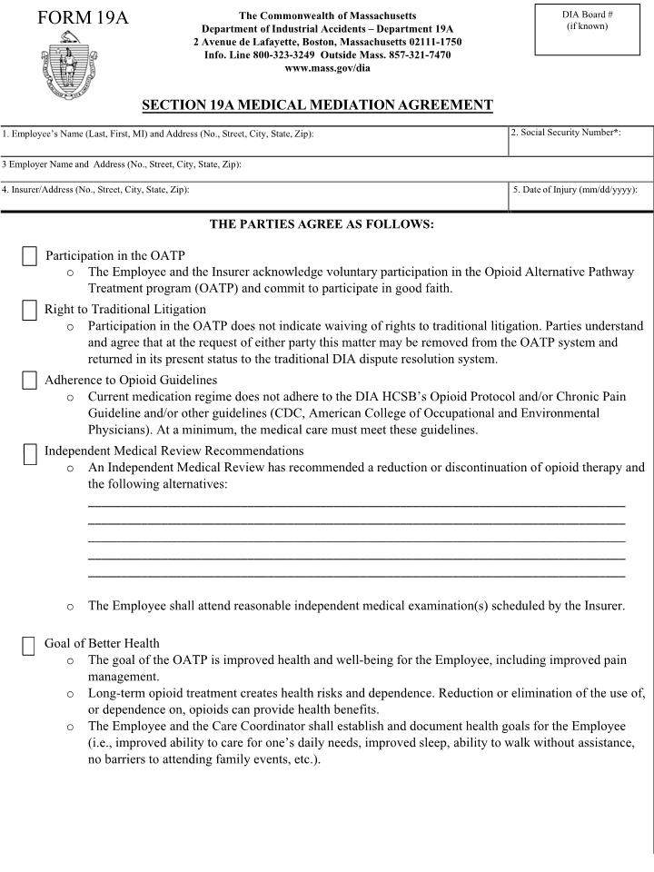 Form 19A Section 19A Medical Mediation Agreement {19A} | Pdf Fpdf Docx | Massachusetts