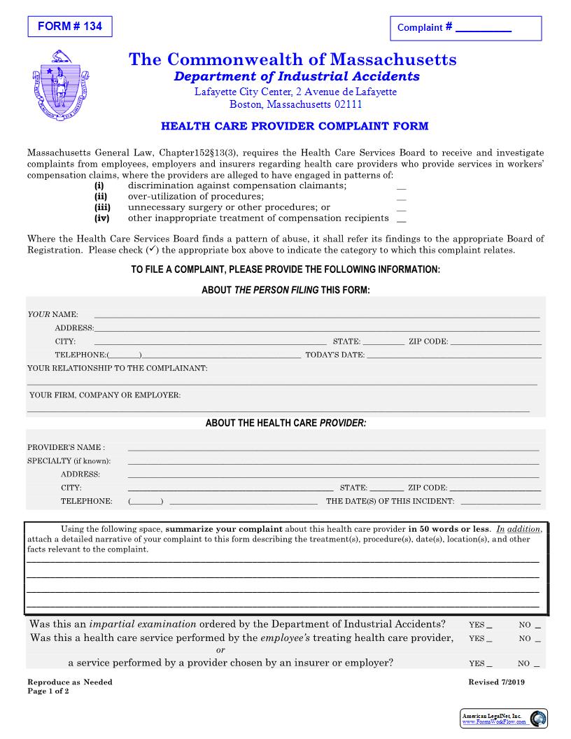 Health Care Provider Complaint Form {134} | Pdf Fpdf Docx | Massachusetts