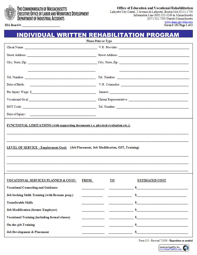 Individual Written Rehabilitation Program {151} | Pdf Fpdf Docx | Massachusetts