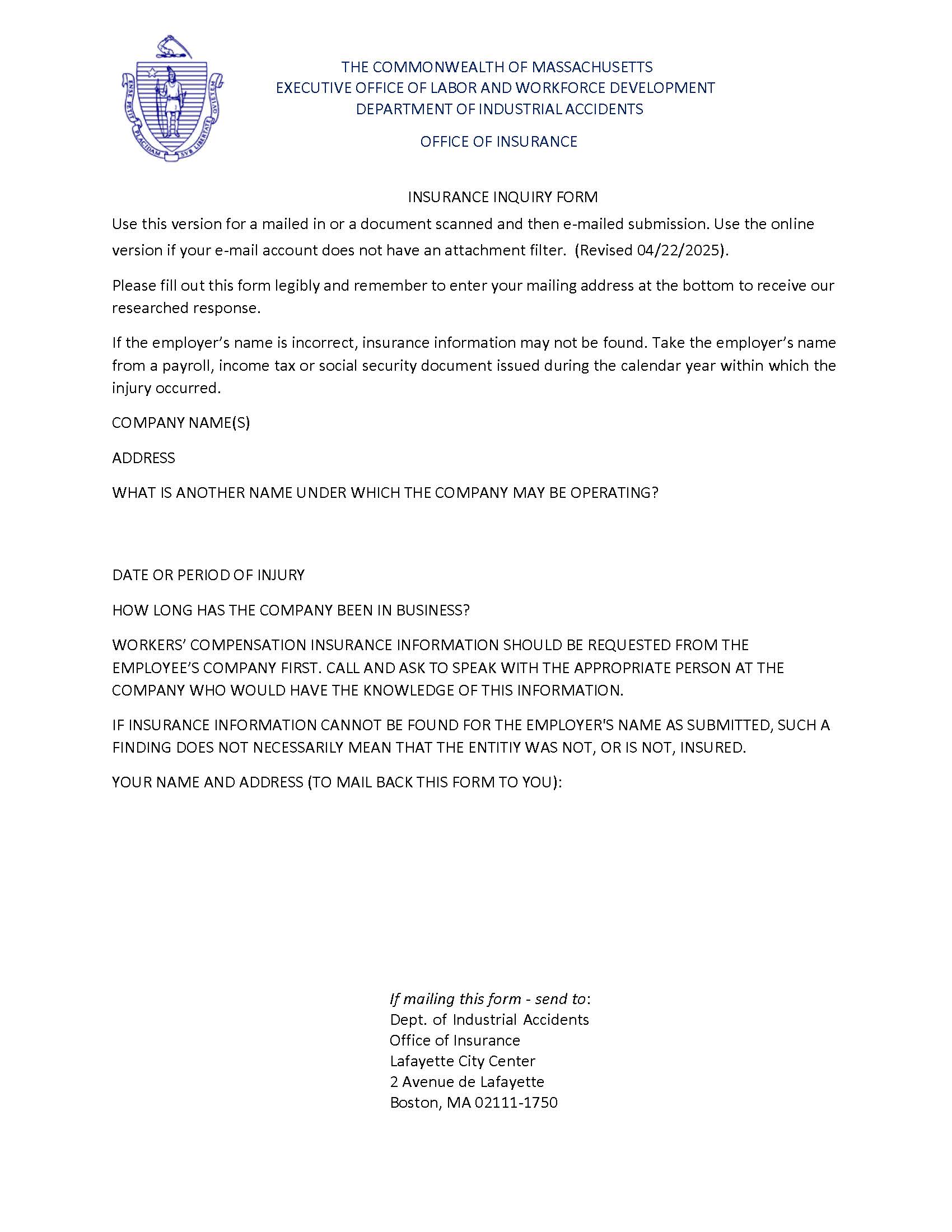 Insurance Inquiry Form | Pdf Fpdf Doc Docx | Massachusetts